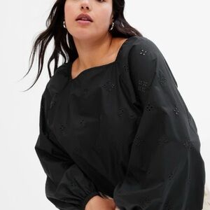 Gap Brown Eyelet Embroidered Puff Sleeve Blouse Scalloped Hem XL